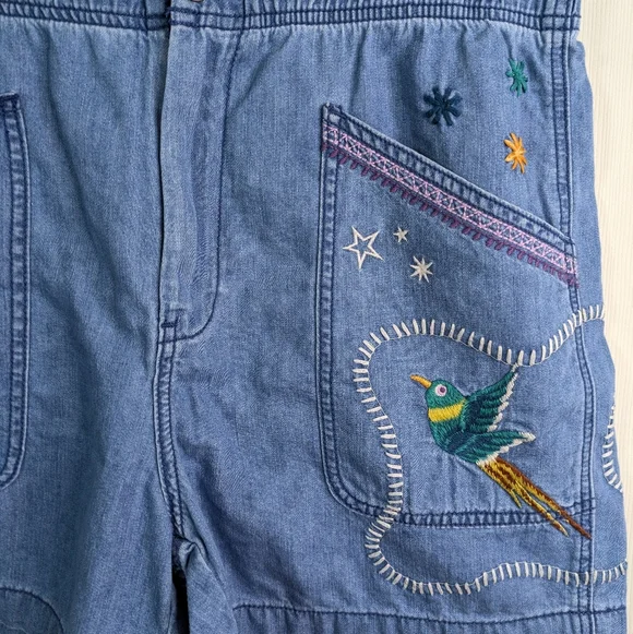 Johnny Was Lyonne Pull On Shorts Large Chambray Embroidered Floral Birds Boho
